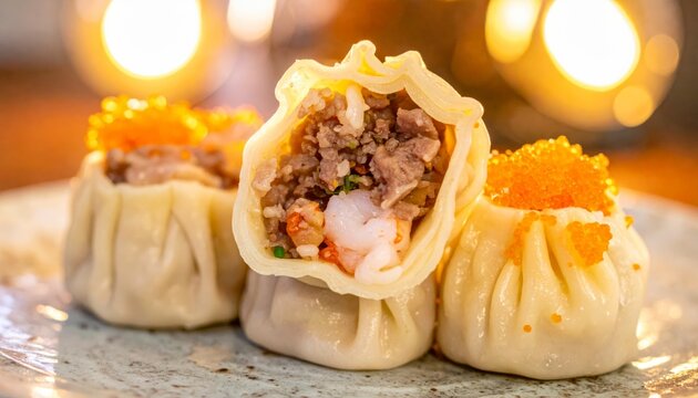 Assorted Siu Mai Dumplings with Minced Pork and Shrimp Filling, Topped with Orange Roe