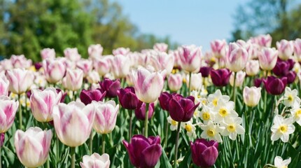 Fototapeta premium Vibrant Field of Colorful Tulips Blooming Under a Bright Sunny Sky, Springtime Beauty.