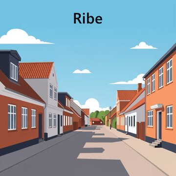 Flat vector illustration of a street in Ribe, Denmark, featuring historic townhouses with red and orange tiled roofs, white windows, and colorful facades under a clear blue sky.