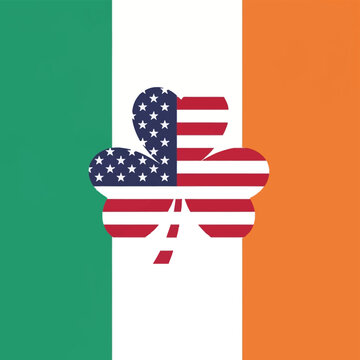 Irish-American heritage illustration featuring a shamrock filled with the United States flag pattern, centered on a green white and orange vertical Irish tricolor background.