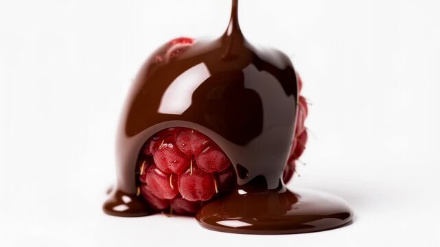 Fresh ripe raspberry covered with smooth melted chocolate on white background dessert closeup