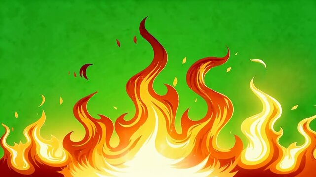 Bright orange and yellow flames burning with high intensity on green background fire illustration