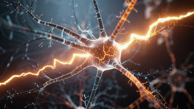 Close up of glowing human neuron with electric impulses in brain science and nervous system concept