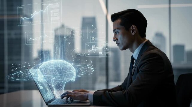 Businessman working on laptop with futuristic artificial intelligence brain and data analytics visualization