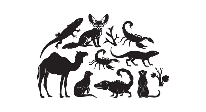 Set of desert animals silhouettes including camel lizard scorpion fennec fox and meerkat on white background vector.