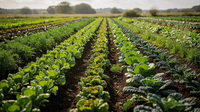 Fresh green vegetable farm with rows of healthy lettuce and kale plants in natural sunlight
