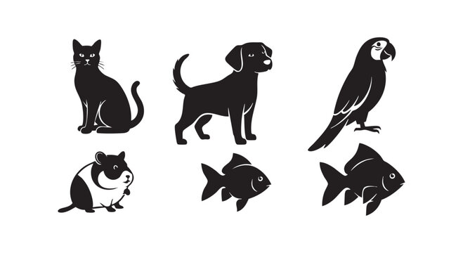 Set of domestic animal icons showcasing cat dog parrot hamster and fish silhouettes for pet shop and clinic branding.