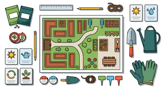 Colorful garden planning tool icons and map.