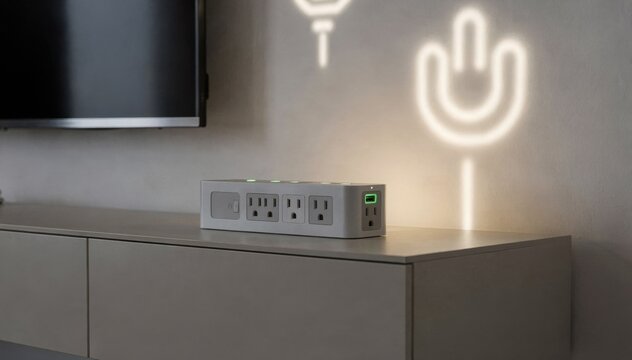 Medium shot of a surge protector radiating gentle light highlighting power protection symbols behind a modern entertainment center featuring simplified furniture shapes