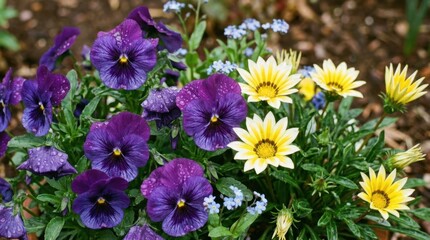 Fototapeta premium Vibrant Mixed Floral Arrangement - Purple Pansies and Yellow Gazanias Blooming Beautifully.