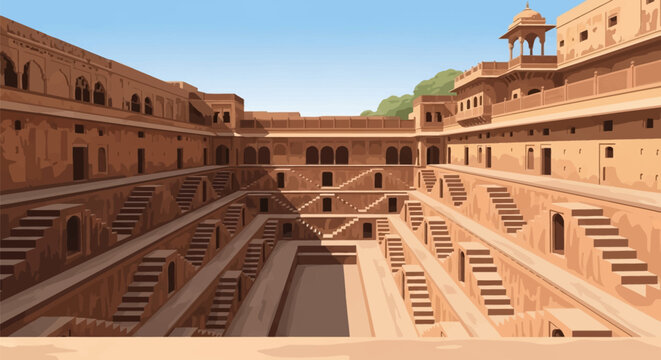 Vector illustration of Panna Meena ka Kund ancient stepwell in Jaipur, Rajasthan, India, with symmetrical geometric staircases and traditional Rajasthani sandstone architecture.