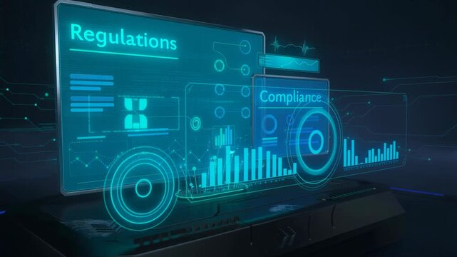 Futuristic digital interface showing regulations and compliance data with charts and graphs in technology environment