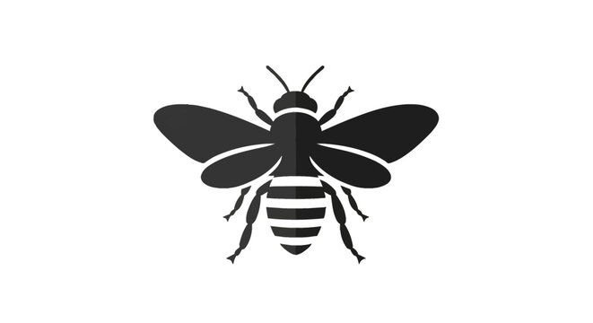Black silhouette of a bee isolated on white background. Symmetrical vector icon depicting a honeybee with outspread wings, segmented legs, antennae, and striped abdomen sections.