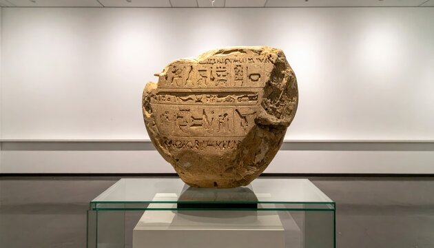 Meticulously recreated replica of the Rosetta Stone, displaying ancient Egyptian hieroglyphic inscriptions in a museum setting