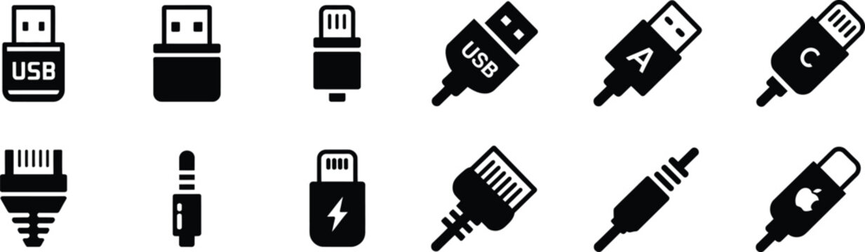 USB and audio jack connector icons, technology hardware and connection elements, various types on transparent background.