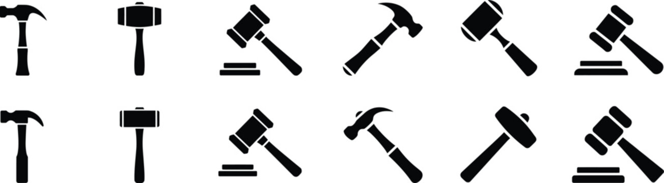 Collection of black judge gavel icons and symbols isolated on transparent background vector set.