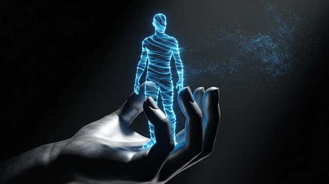 A glowing blue human skeleton in a hand.