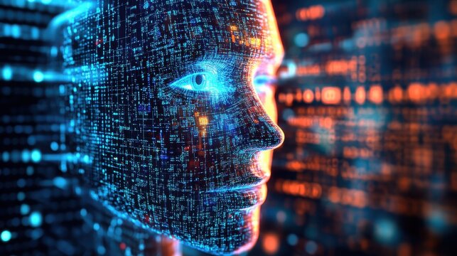 Digital human face in futuristic AI technology data network with glowing blue and orange binary code