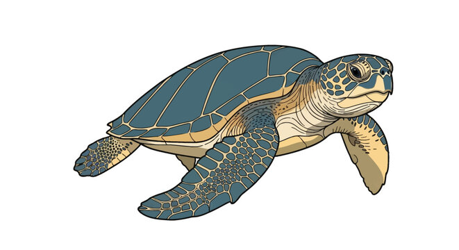 Vector illustration of a sea turtle with teal blue shell plates and tan patterned skin, isolated on white background, depicting marine wildlife and aquatic biological anatomy.