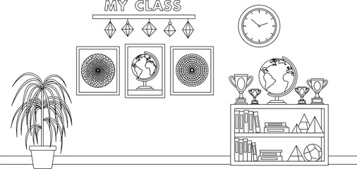 Classroom interior line art vector illustration featuring educational decor bookshelves academic trophies and learning environment design © MDSabbir