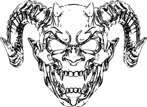 Scary devil head with horns line art illustration