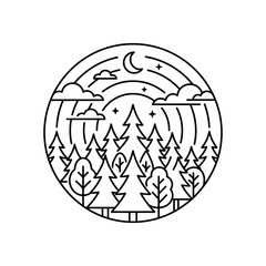 Minimalist line art circle of a pine forest at night. © saukul