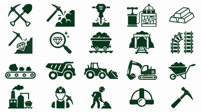 Mining industry vector icons set including tools, machinery, and resources