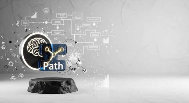 Conceptual Adaptive Learning Synergy Protocols with Floating Basalt Brain and Resin Path Icons and High Key Copy Space
