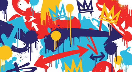 Flat style vector illustration of mural with arrows, stars, and graphic symbols inspired by graffiti and pop art, creating a dynamic urban backdrop © Amie