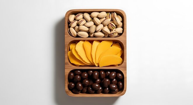 Healthy snack platter with pistachios mango slices and dark grapes in a wooden tray. organic snack holder