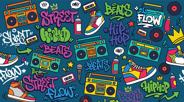 Flat style vector illustration of hip hop culture elements including boomboxes, sneakers, microphones, headphones, and graffiti lettering in a colorful pattern