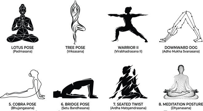 Yoga poses silhouettes set featuring lotus position tree pose warrior downward dog cobra bridge seated twist and meditation posture isolated on white background