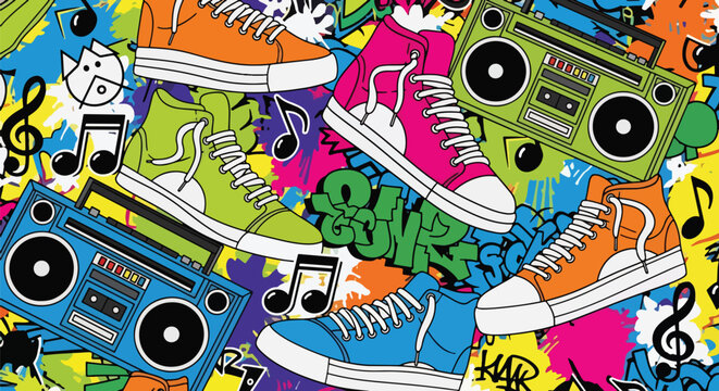 Flat style vector illustration of hip hop culture elements including boomboxes, sneakers, microphones, headphones, and graffiti lettering in a colorful pattern
