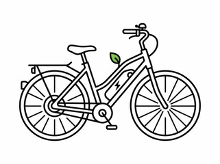 Fototapeta premium Line art illustration of an electric bicycle with a battery pack and an eco-friendly leaf symbol, representing sustainable urban transport.