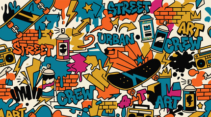 Flat style vector illustration of skateboards, spray cans, backpacks, and street culture icons arranged in a vibrant urban lifestyle composition © Amie