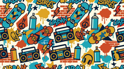 Flat style vector illustration of skateboards, spray cans, backpacks, and street culture icons arranged in a vibrant urban lifestyle composition © Amie