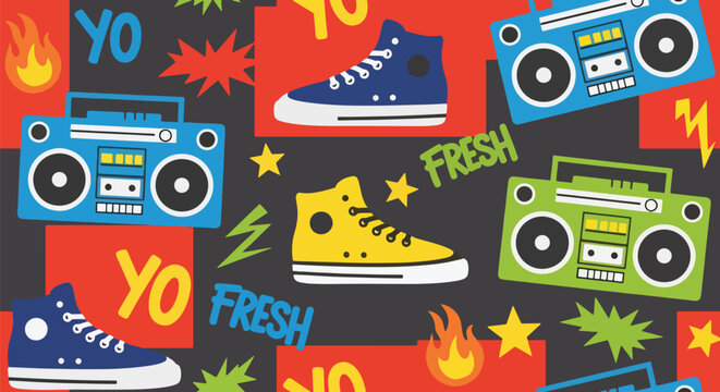 Flat style vector illustration of hip hop culture elements including boomboxes, sneakers, microphones, headphones, and graffiti lettering in a colorful pattern
