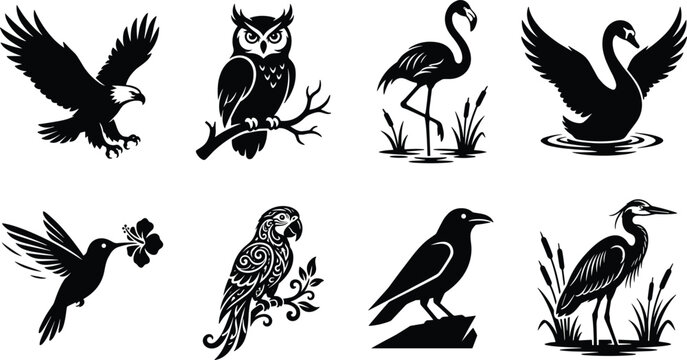 Black birds silhouettes vector icons set including flying eagle owl flamingo swan hummingbird macaws parrot crow and heron isolated on white background