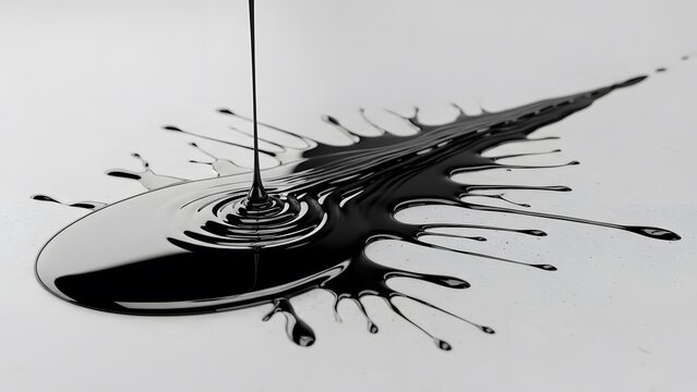 Derramamento art&iacute;stico de tinta ou l&iacute;quido preto espesso criando um padr&atilde;o abstrato de respingos sobre fundo branco limpo