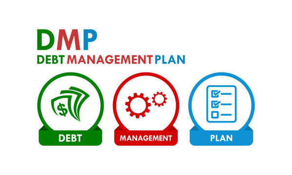 Debt management plan business infographic logo template featuring three interconnected circles with money, gears, and checklist icons for financial planning and strategy.
