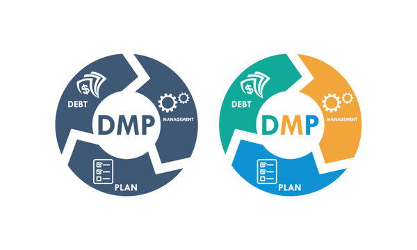 Debt management plan business infographic logo template featuring three interconnected circles with money, gears, and checklist icons for financial planning and strategy.