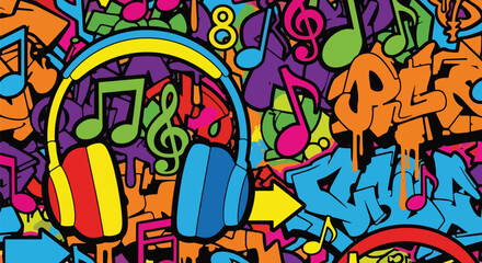 Obraz premium Flat style vector illustration of headphones, musical notes, paint drips, and abstract colorful shapes, expressing creativity, sound, rhythm, and urban energy