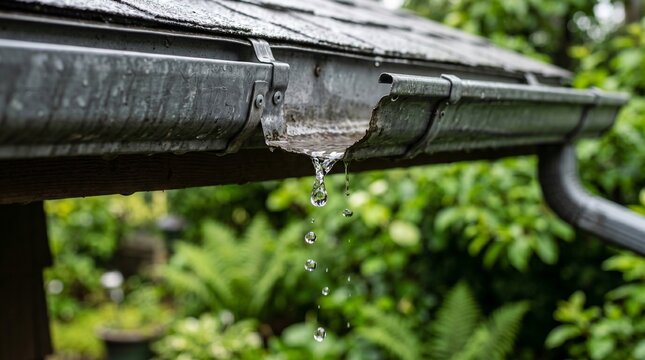 Rainwater dripping from a damaged gutter onto lush green foliage in a garden during a downpour