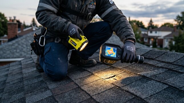 Roof inspector uses thermal imaging camera and flashlight to examine damaged shingles on a residential rooftop at dusk