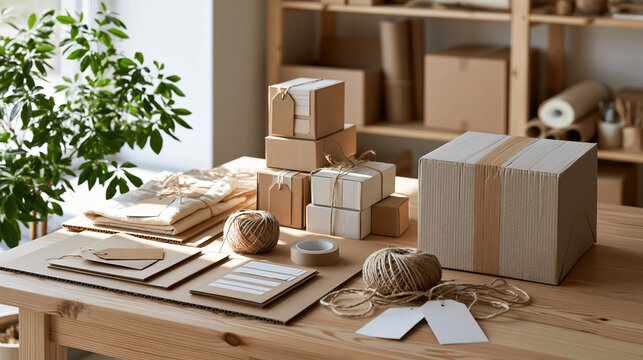 Eco Friendly Packaging Boxes and Paper Materials Arranged on Wooden Craft Table