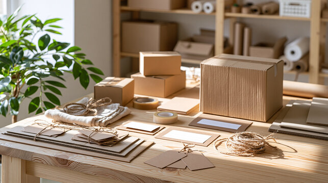 Natural Paper Packaging Concept with Boxes Twine Tags and Stationery on Wooden Table