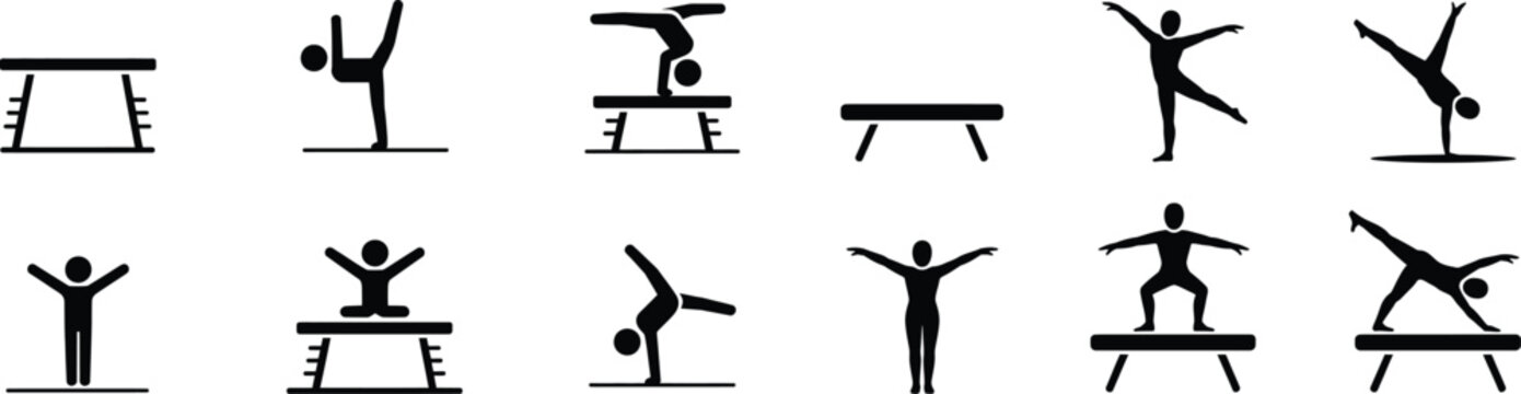 Gymnastics icons set featuring athletes performing various floor exercises and balance beam routines in minimalist black vector silhouette.