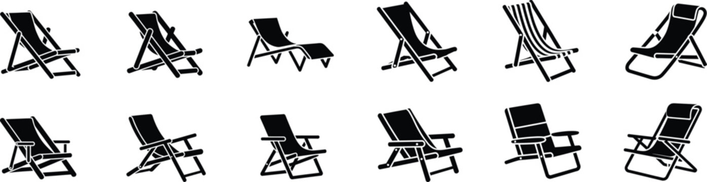 Collection of various folding deck chairs for beach vacation or garden relaxing isolated black silhouettes on a transparent gray grid background.