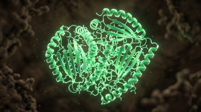 Detailed 3D rendering of a glowing green protein molecule structure with alpha helices and beta sheets in a dark background with bokeh effect