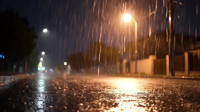 Rain Falling on a Dark, Wet Road at Night with Extended Streetlight Reflections